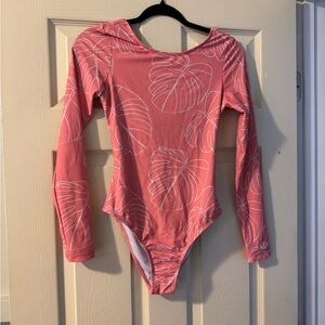 Pink Leaf Print Long Sleeve one piece swim suit by hulakai sz L